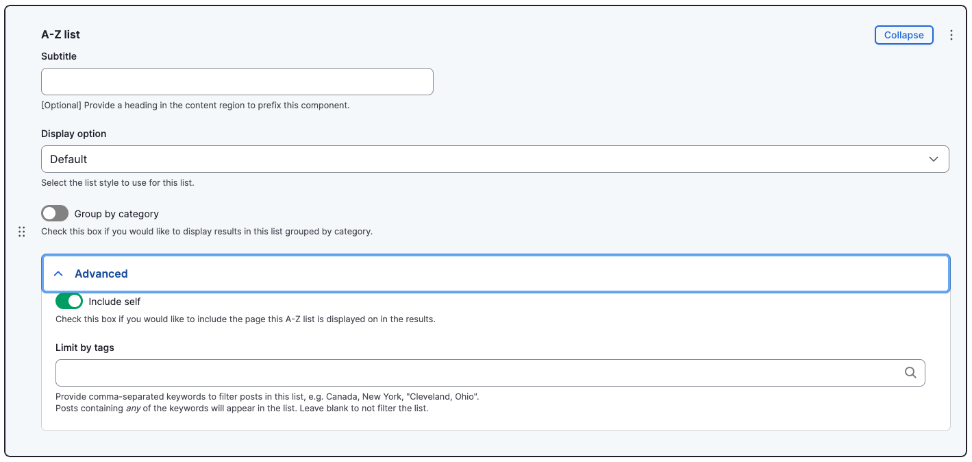 A-Z list component fields