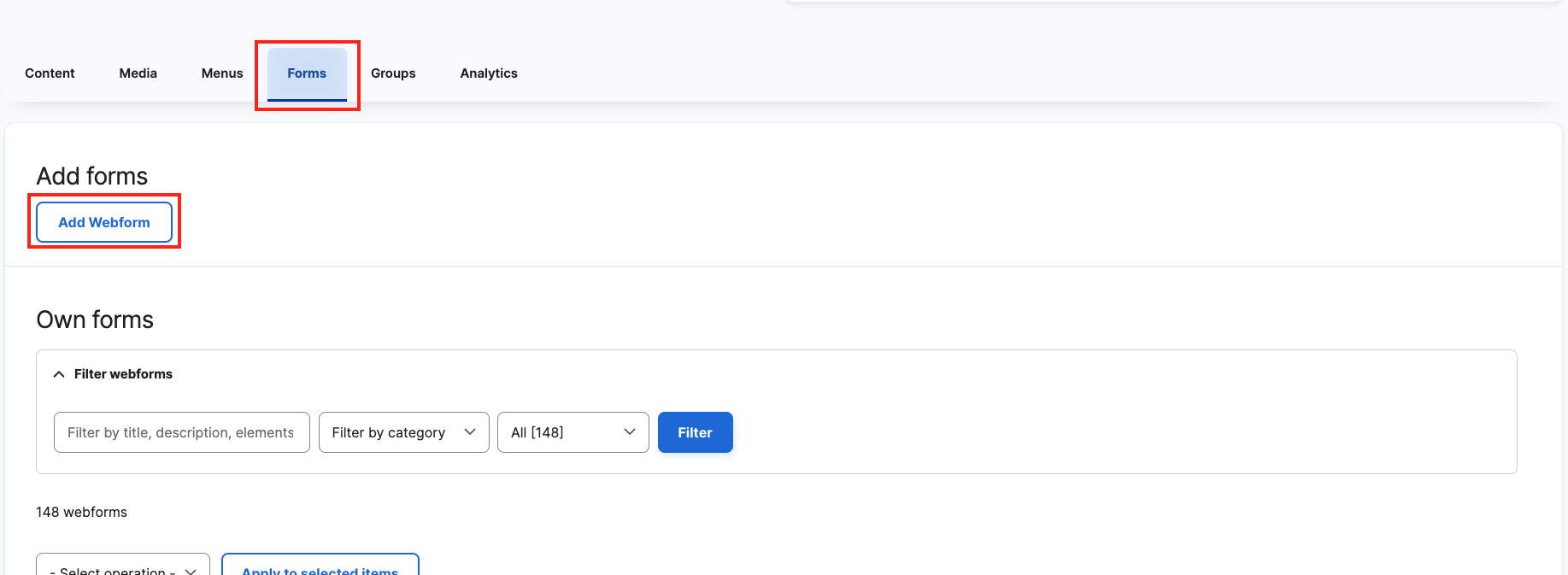 Webform Dashboard - Form tab and Add form highlighted