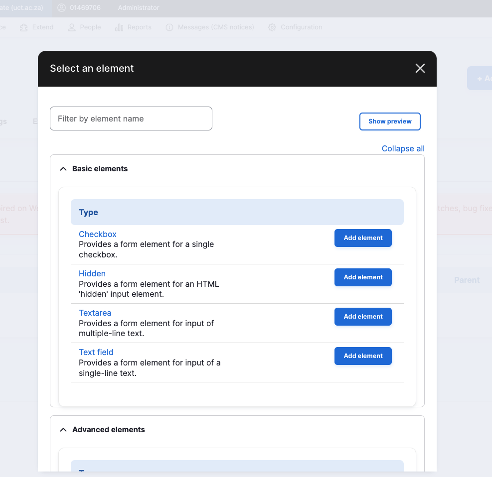 Webform element list